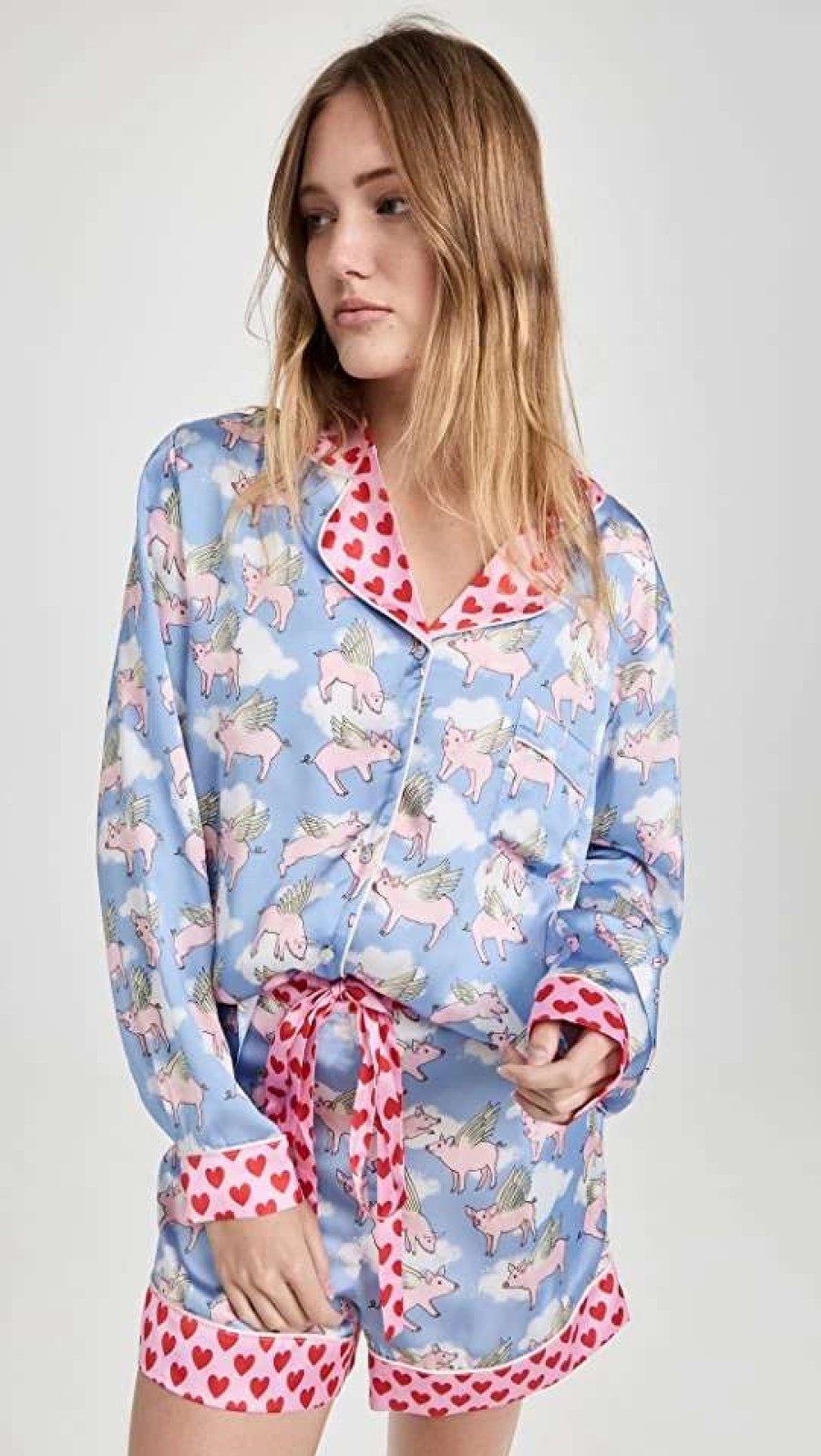 Sleepwear * | Brand New Karen Mabon Pigs Might Fly Classic Long Sleeve Shirt With Shorts Pj Set Blue