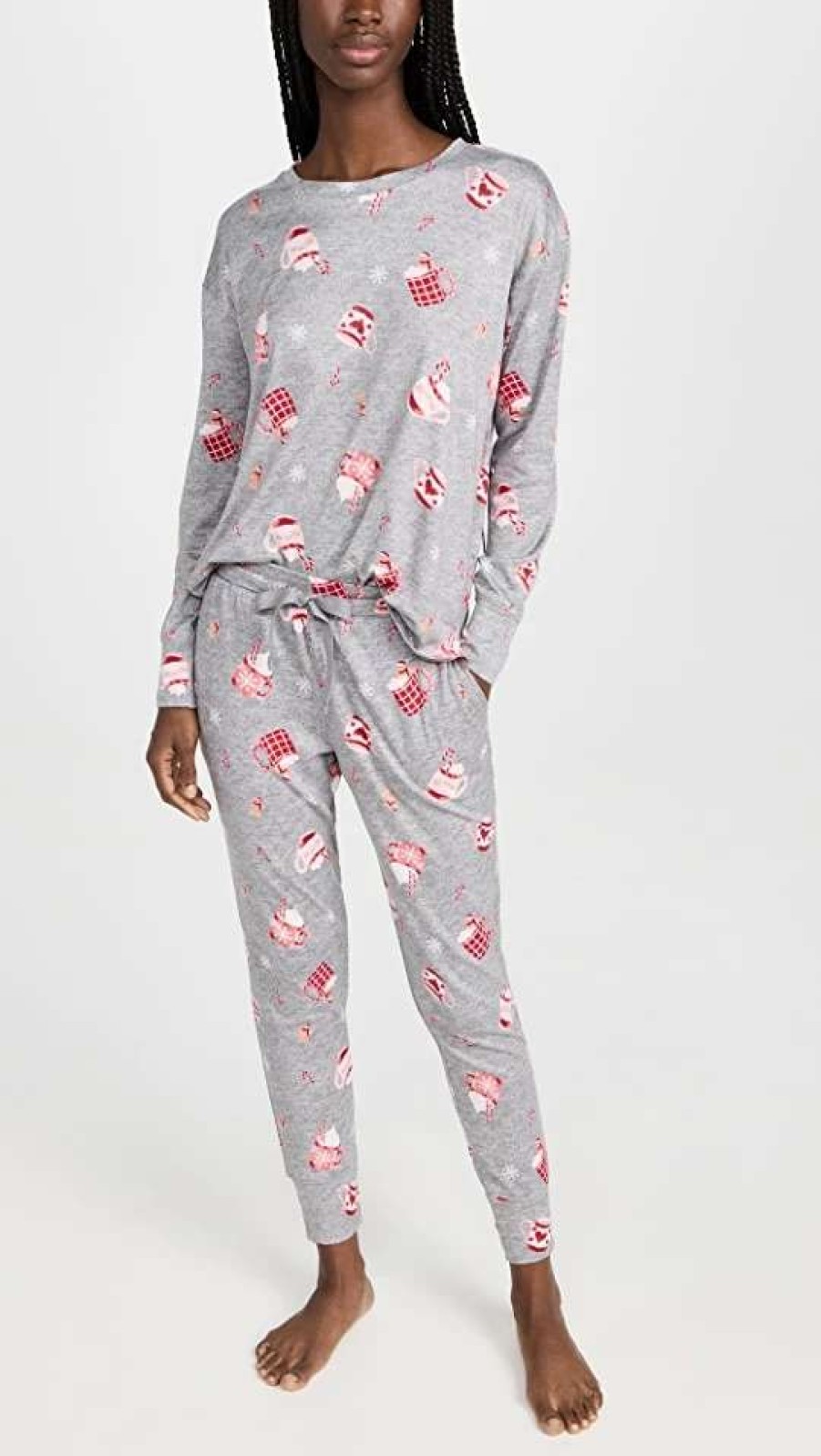 Sleepwear * | Cheapest Emerson Road Cozy Luxe Crew Neck Jogger Set Peppermint Hot Cocoa