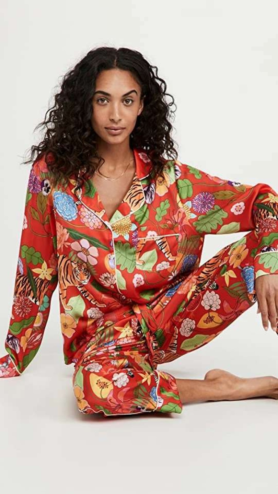 Sleepwear * | Cheapest Karen Mabon Tiger Bouquet Long Pajama Set Crimson