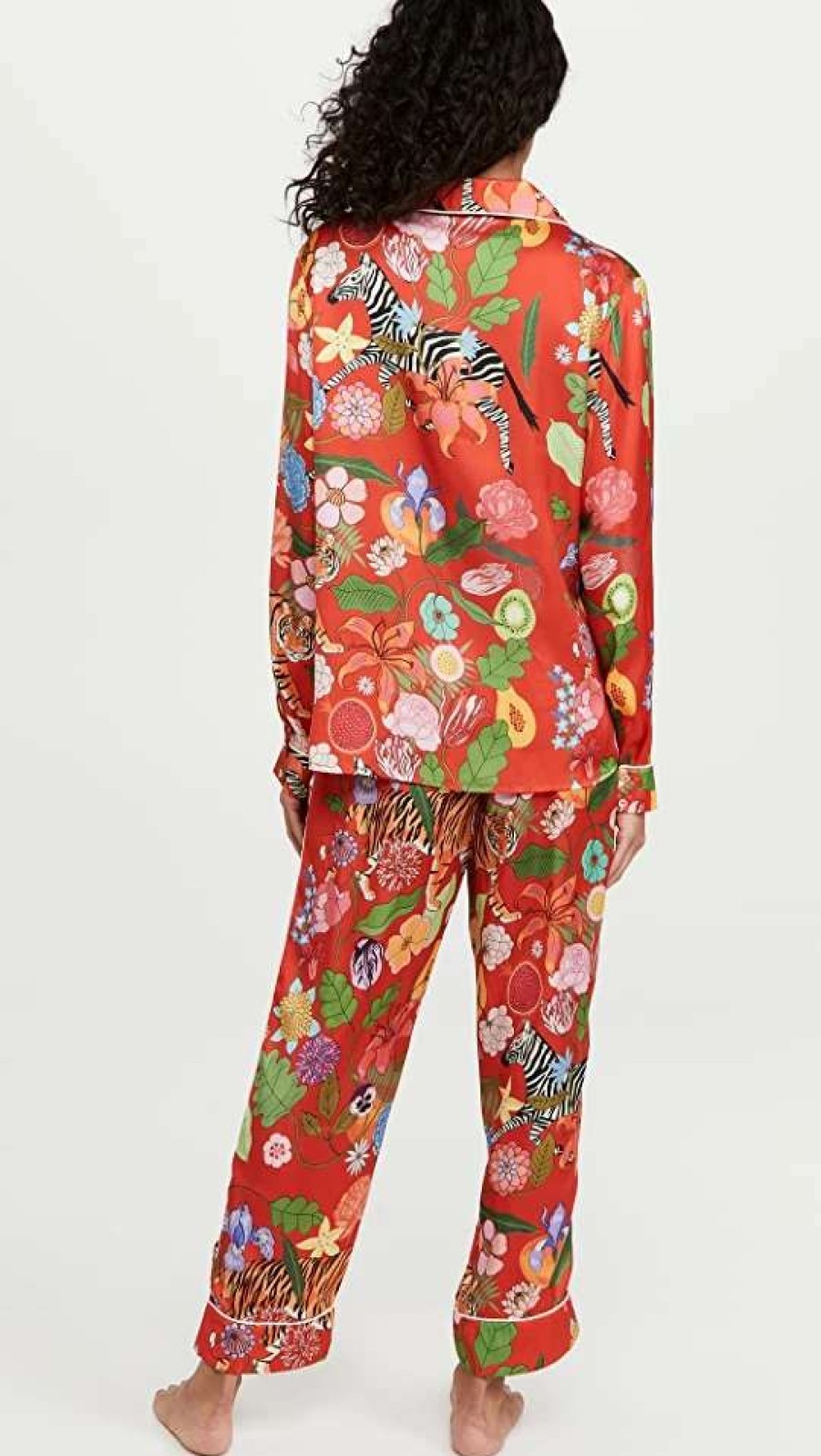 Sleepwear * | Cheapest Karen Mabon Tiger Bouquet Long Pajama Set Crimson