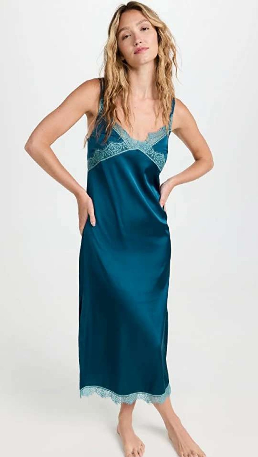 Sleepwear * | Flash Sale Simone Perele Satin Secrets Long Night Dress Cyan Blue