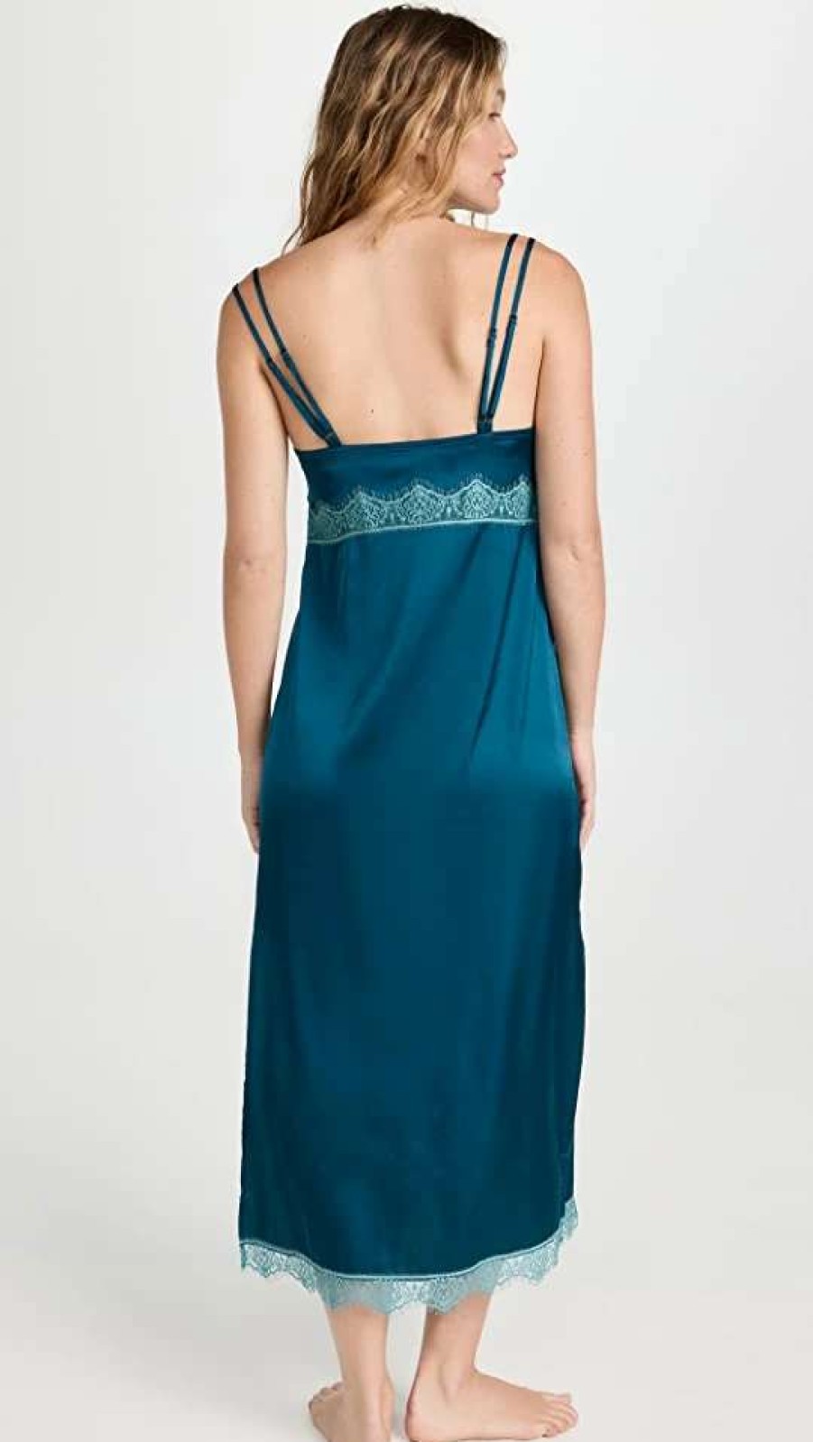 Sleepwear * | Flash Sale Simone Perele Satin Secrets Long Night Dress Cyan Blue