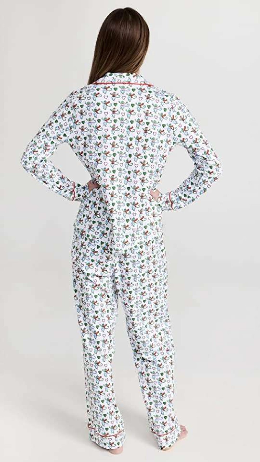 Sleepwear * | Top 10 Roller Rabbit Merry Monkey Long Sleeve Polo Pajama Set White