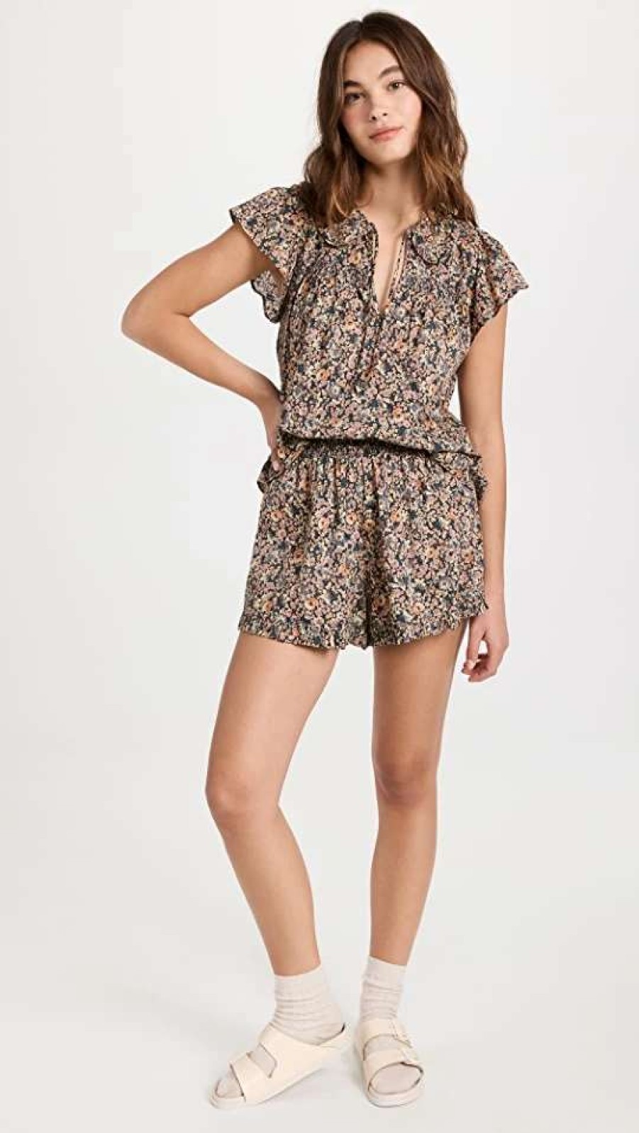 Sleepwear * | Brand New The Great. The Flutter Sleeve Top & Ruffle Short Set Story Book Floral