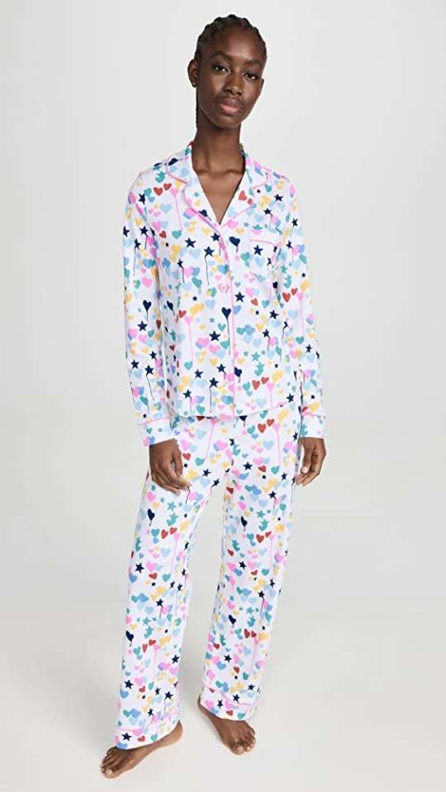 Sleepwear * | Hot Sale Roller Rabbit X Kerri Rosenthal Starry Starry Love Long Sleeve Polo Paja White