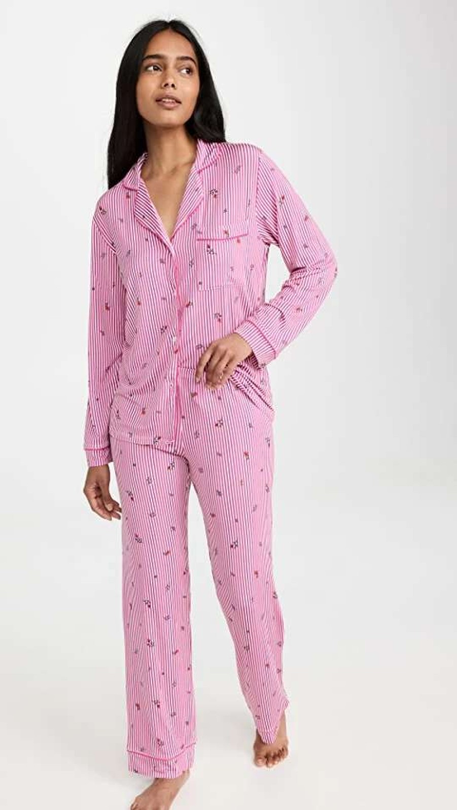 Sleepwear * | Best Reviews Of Stripe & Stare Raspberry Ditsy Stripe Long Pj Set Pink