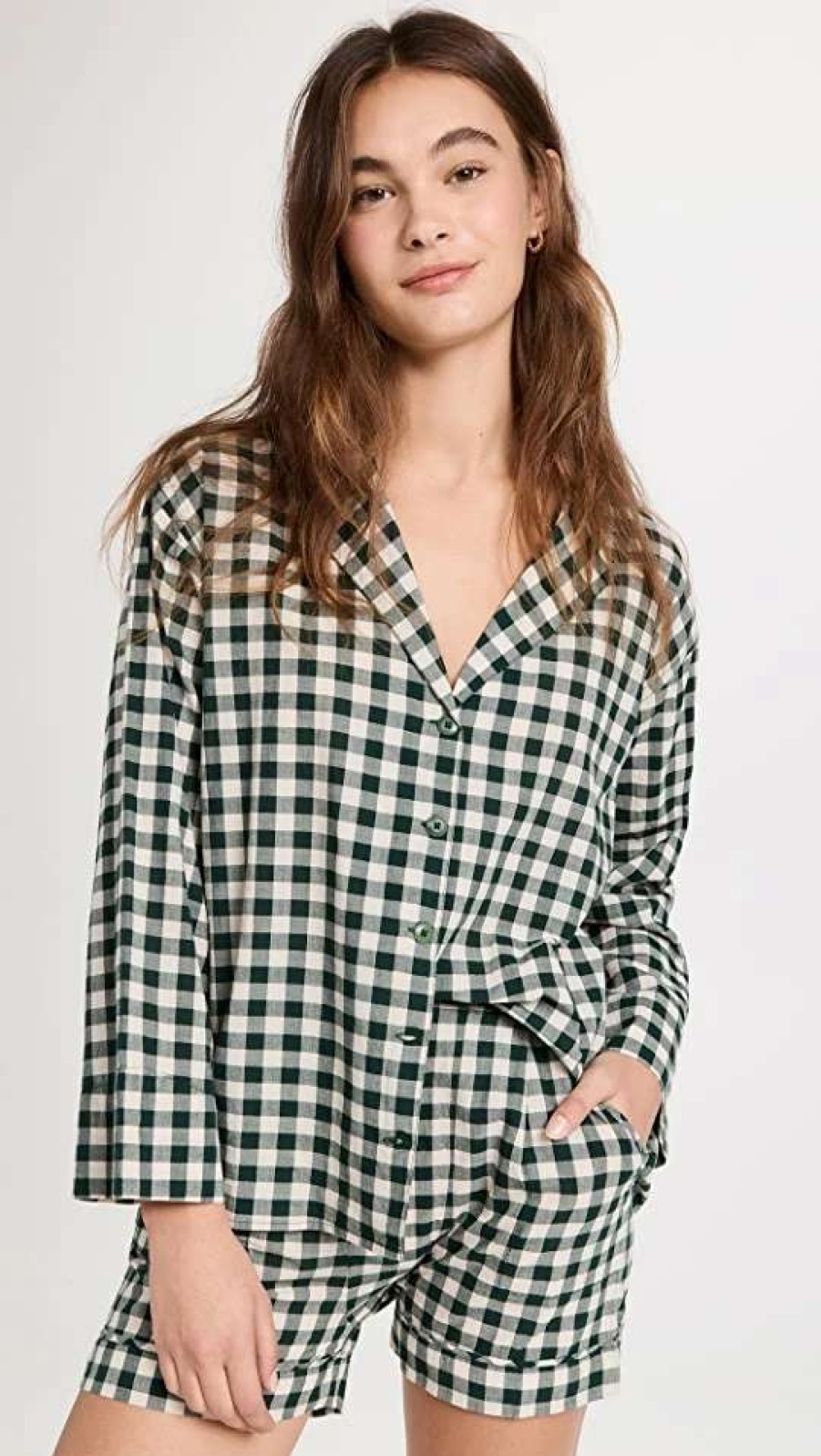 Sleepwear * | Outlet The Great. The Pajama Shirt Fir Pine Gingham