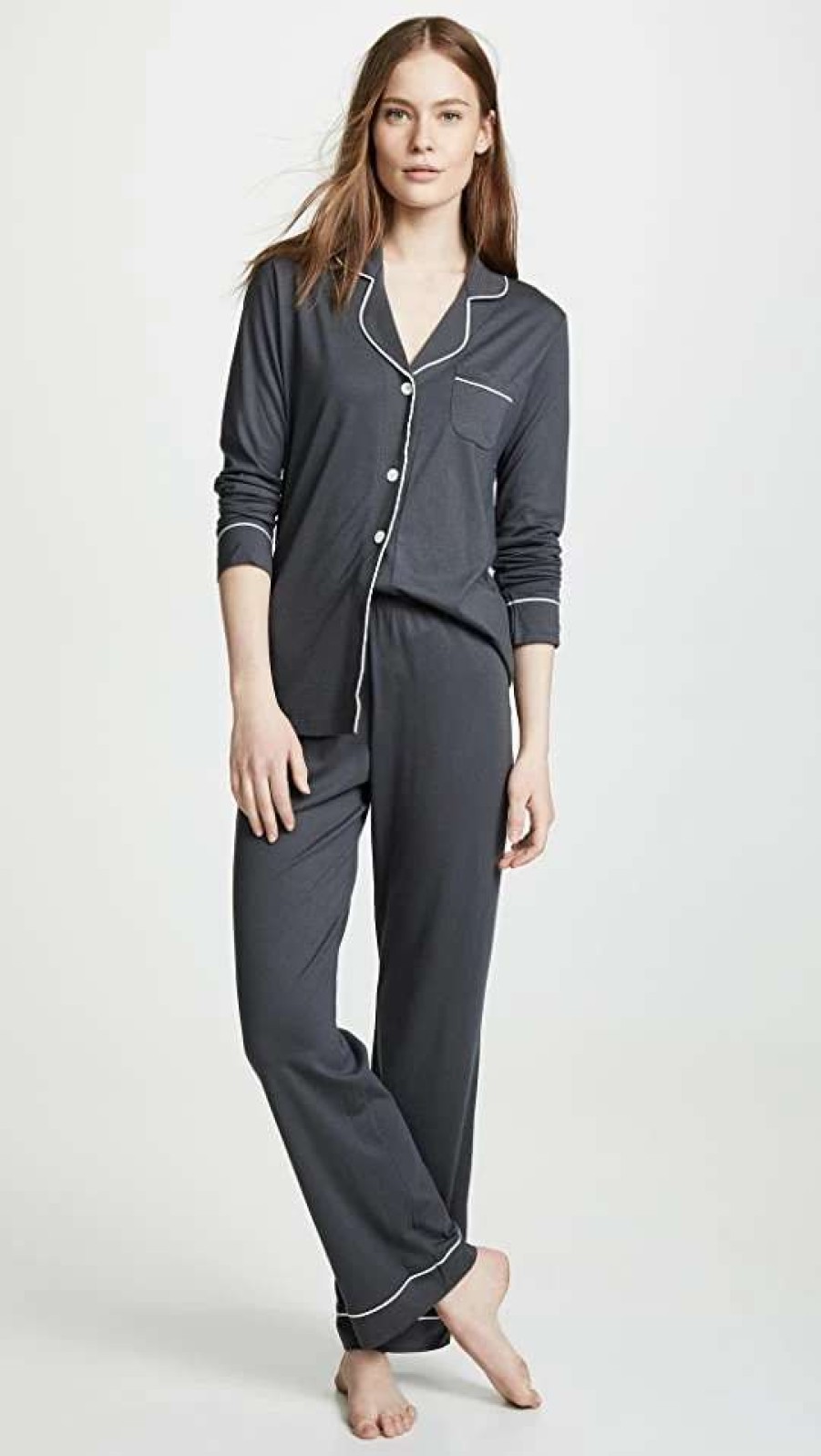 Sleepwear * | Wholesale Cosabella Bella Long Sleeve Top & Pant Pj Set Anthracite/Ivory