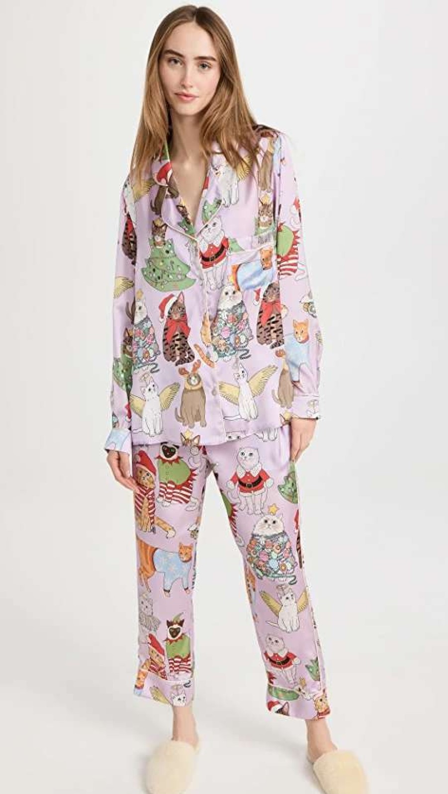 Sleepwear * | Hot Sale Karen Mabon Christmas Cats Long Pj Set Lavender