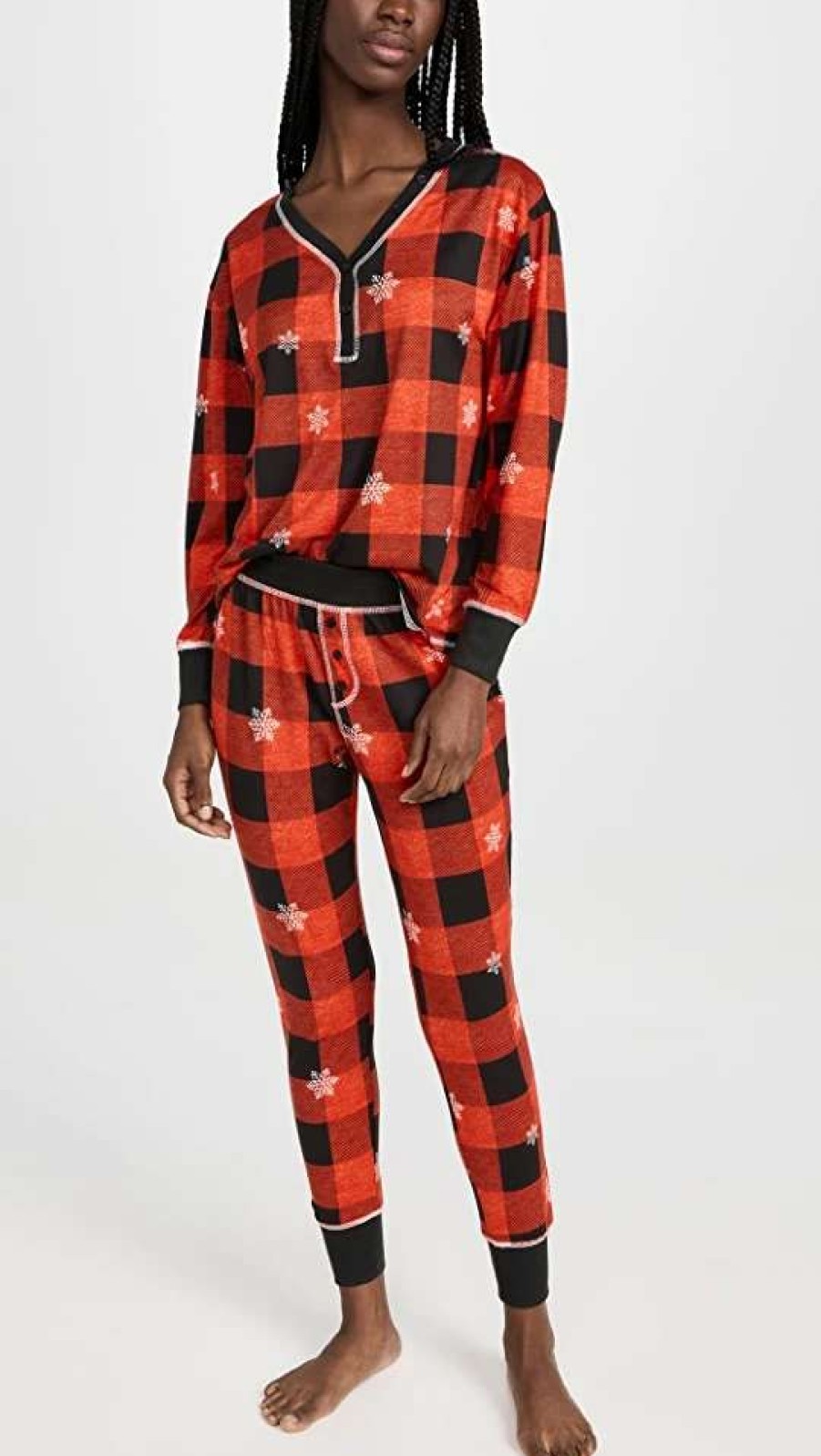 Sleepwear * | Promo Emerson Road Cozy Luxe Henley Jogger Set Snowflake Buffalo Plaid