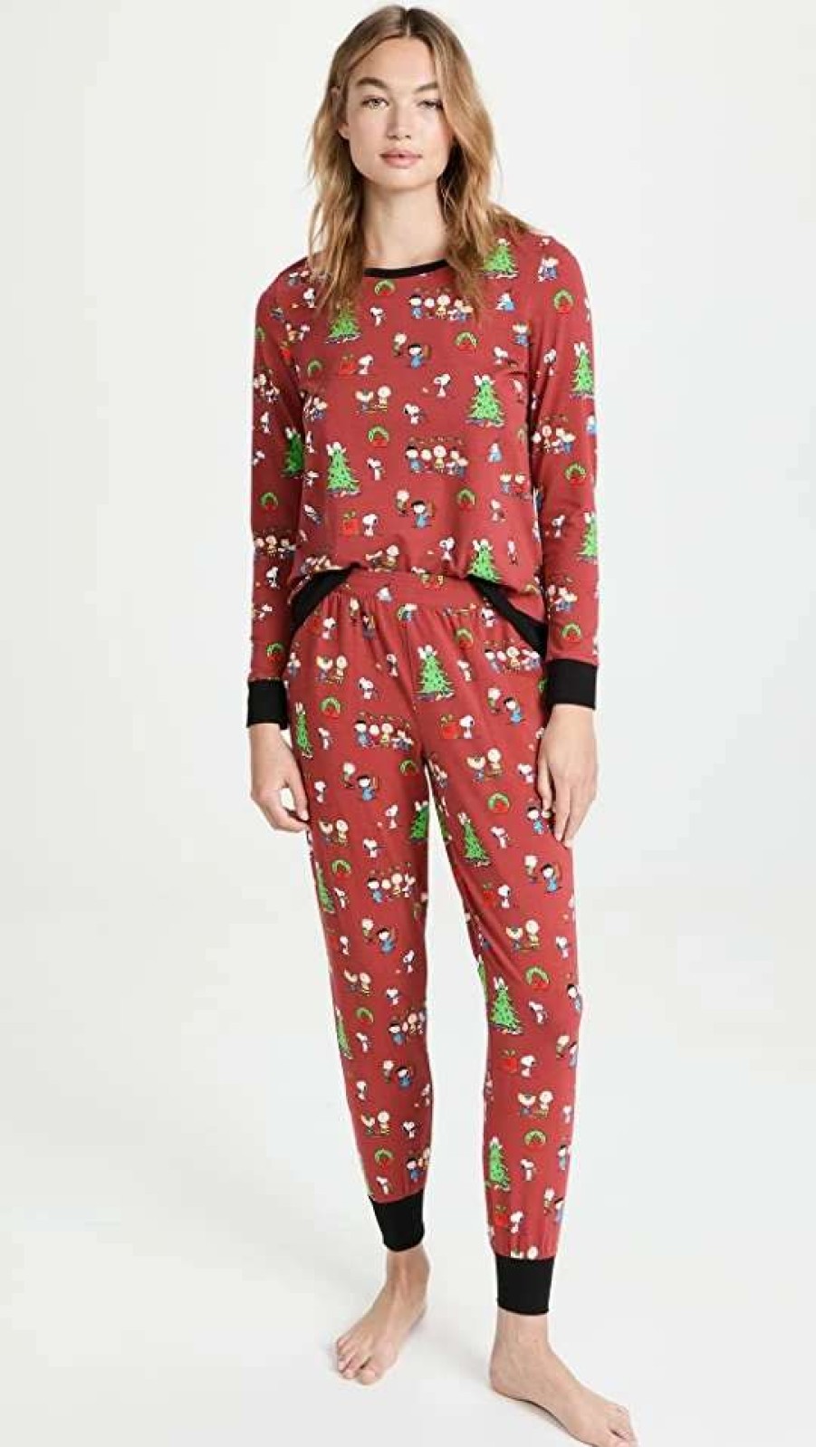 Sleepwear * | Promo Bedhead Pjs Long Sleeve Crew Pullover Joggers Set Peanuts Holiday Party