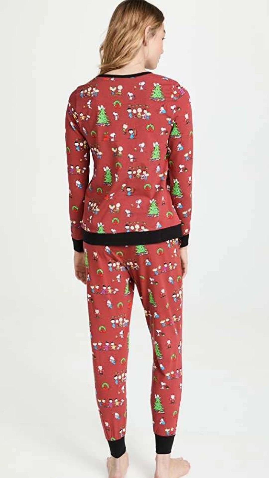 Sleepwear * | Promo Bedhead Pjs Long Sleeve Crew Pullover Joggers Set Peanuts Holiday Party